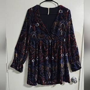 Free People Burnout Velvet Mini Faux Wrap Babydoll Dress Women XS Boho Lagenlook